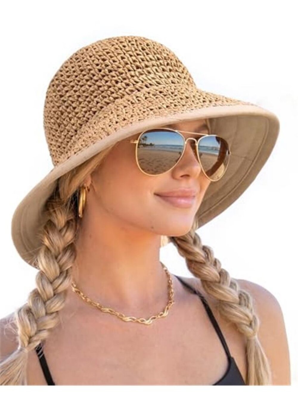 FURTALK UPF 50+ Straw Sun Hat Women Wide Brim Beach Travel Packable Bucket Hat